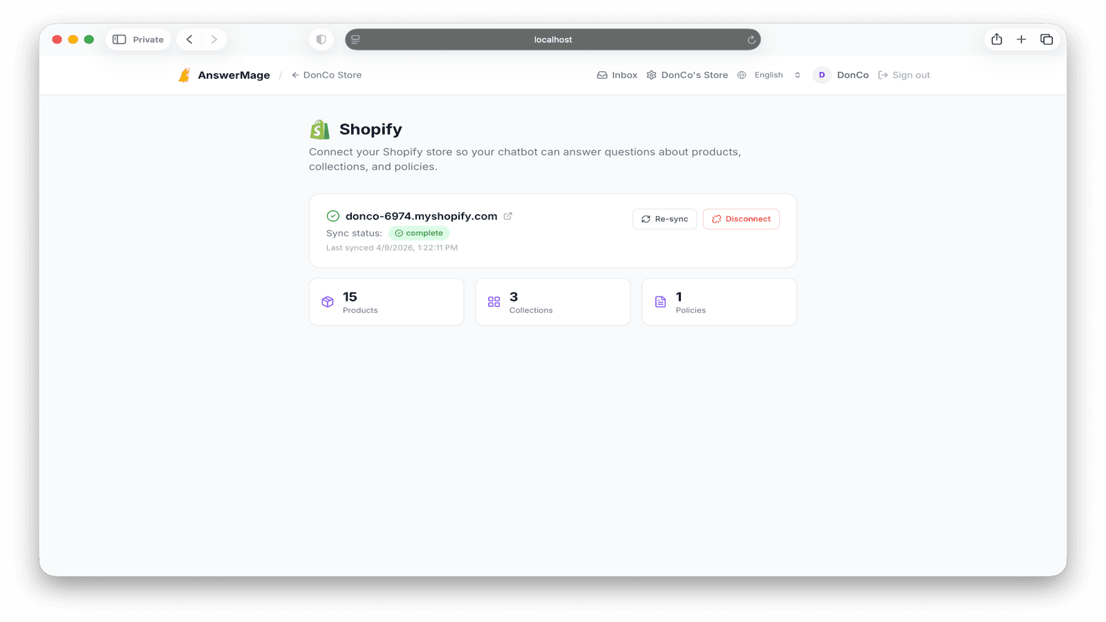 AnswerMage Shopify connection card showing 15 products, 3 collections, and 1 policy synced