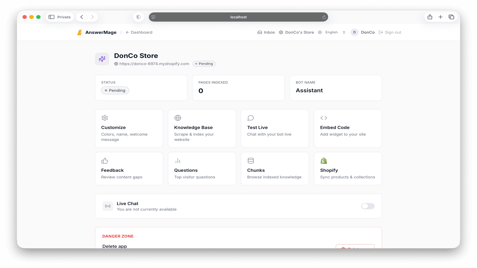 AnswerMage dashboard showing the full chatbot management interface