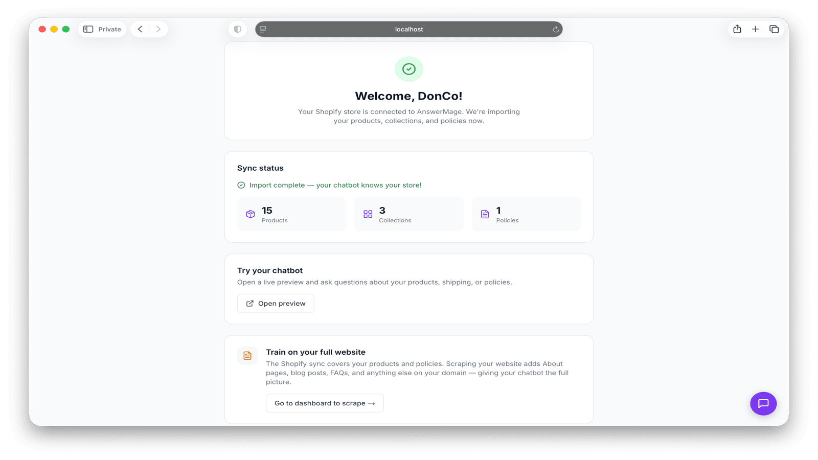 AnswerMage welcome page showing sync complete with 15 products, 3 collections, and 1 policy imported